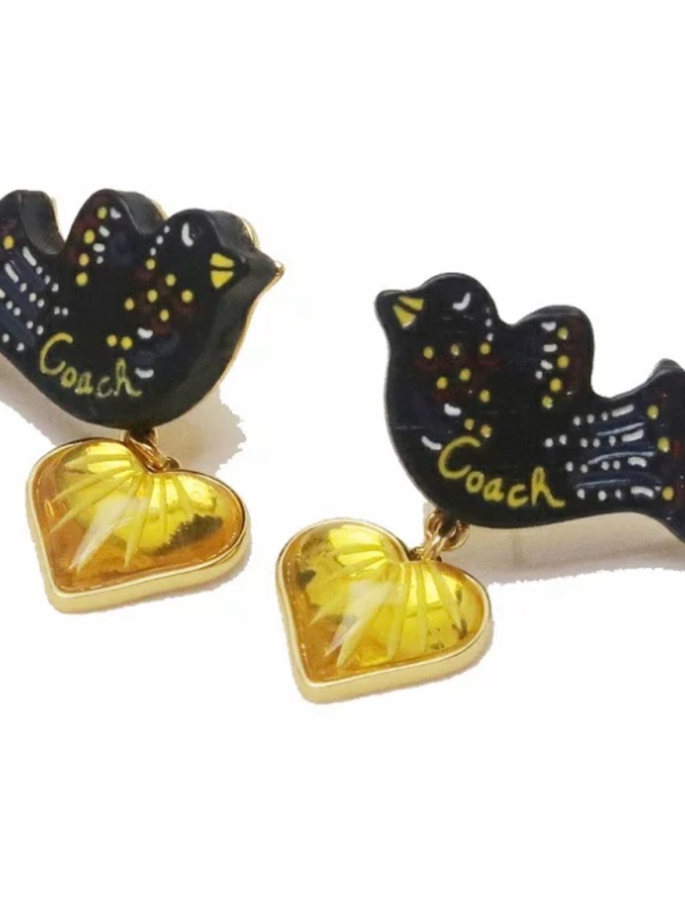 Coach Black Enamel Bird Earrings with Gold Heart Drops